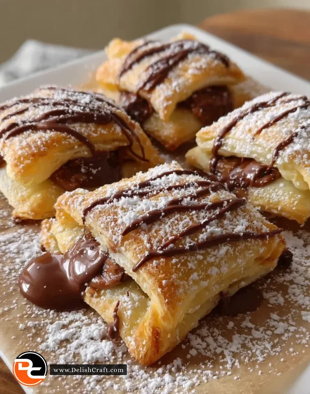 Air Fryer Snickers pastries topped with chocolate and caramel