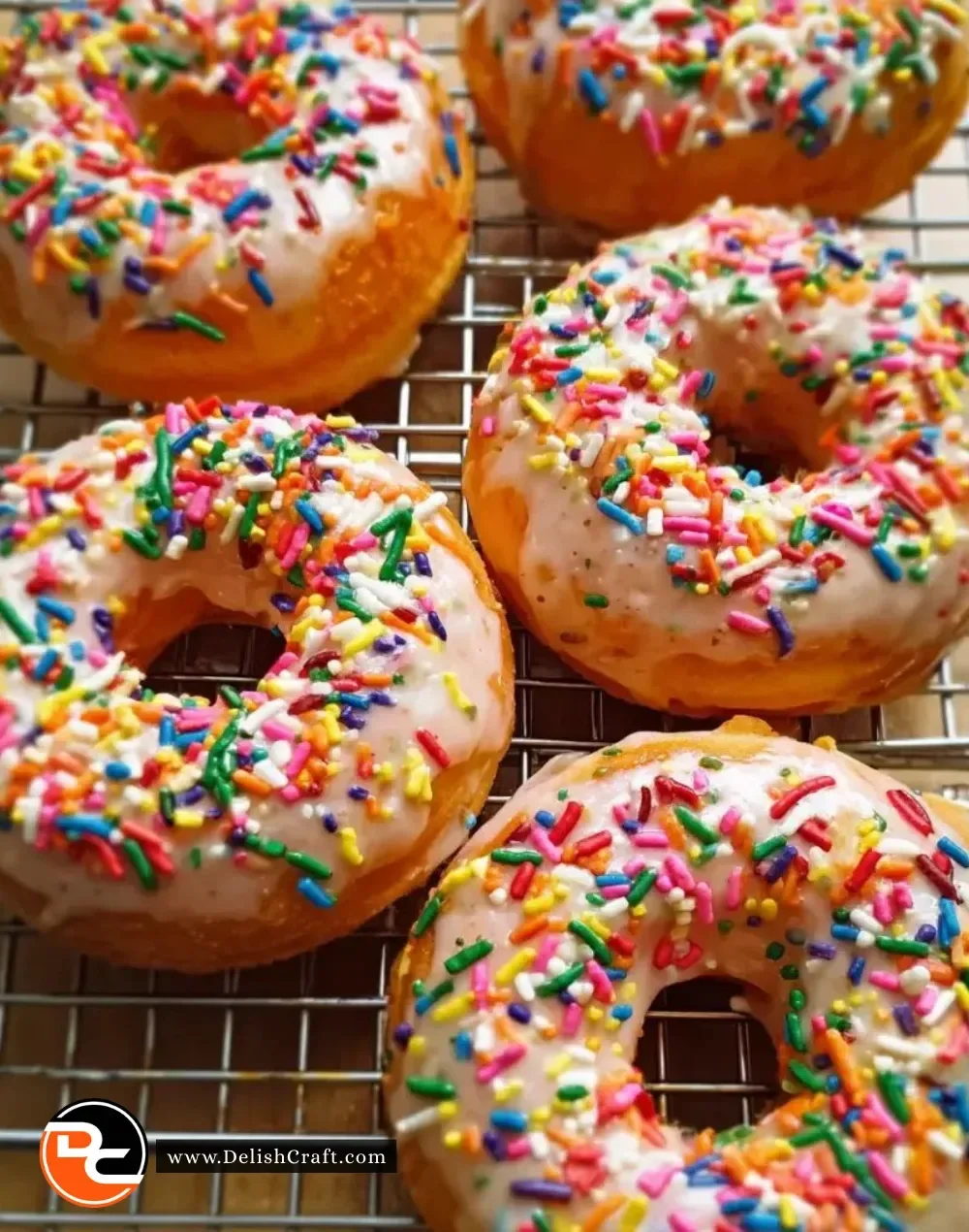 Baked funfetti donuts topped with colorful sprinkles on a rustic plate.