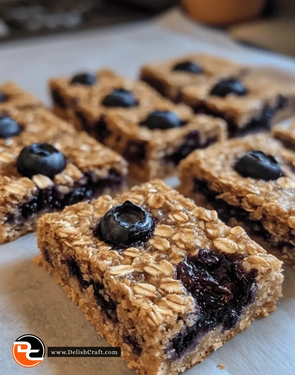 Baked oatmeal blueberry bars freshly baked and served on a plate