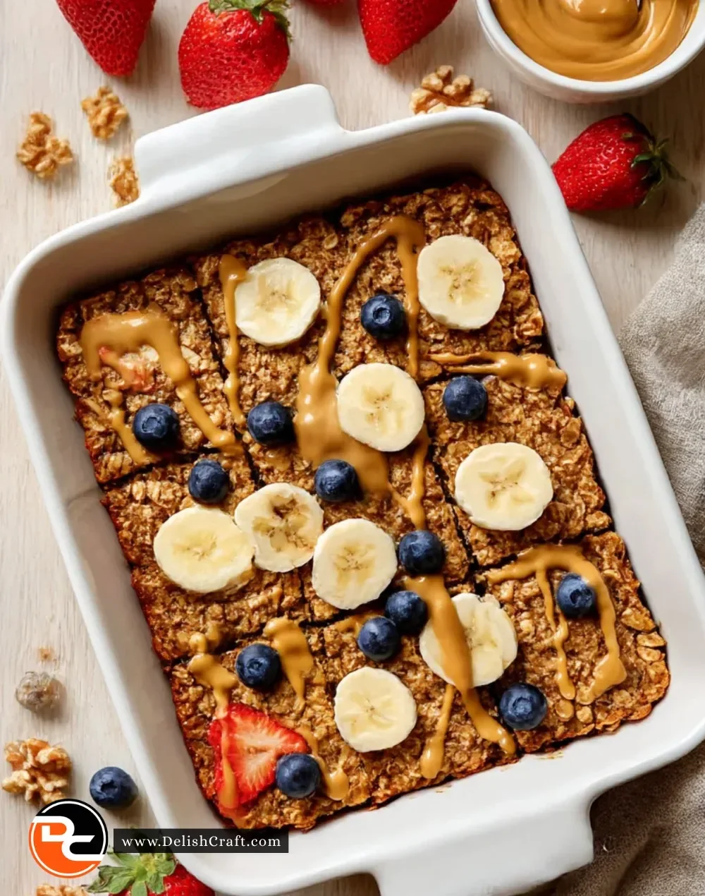 Delicious banana baked oatmeal served in a bowl with fresh bananas and nuts.
