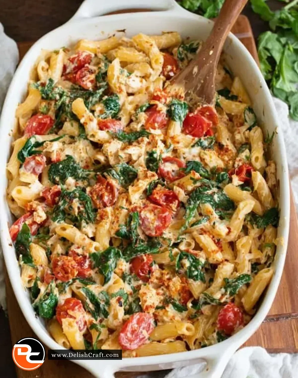 Delicious baked feta pasta served with fresh basil and cherry tomatoes