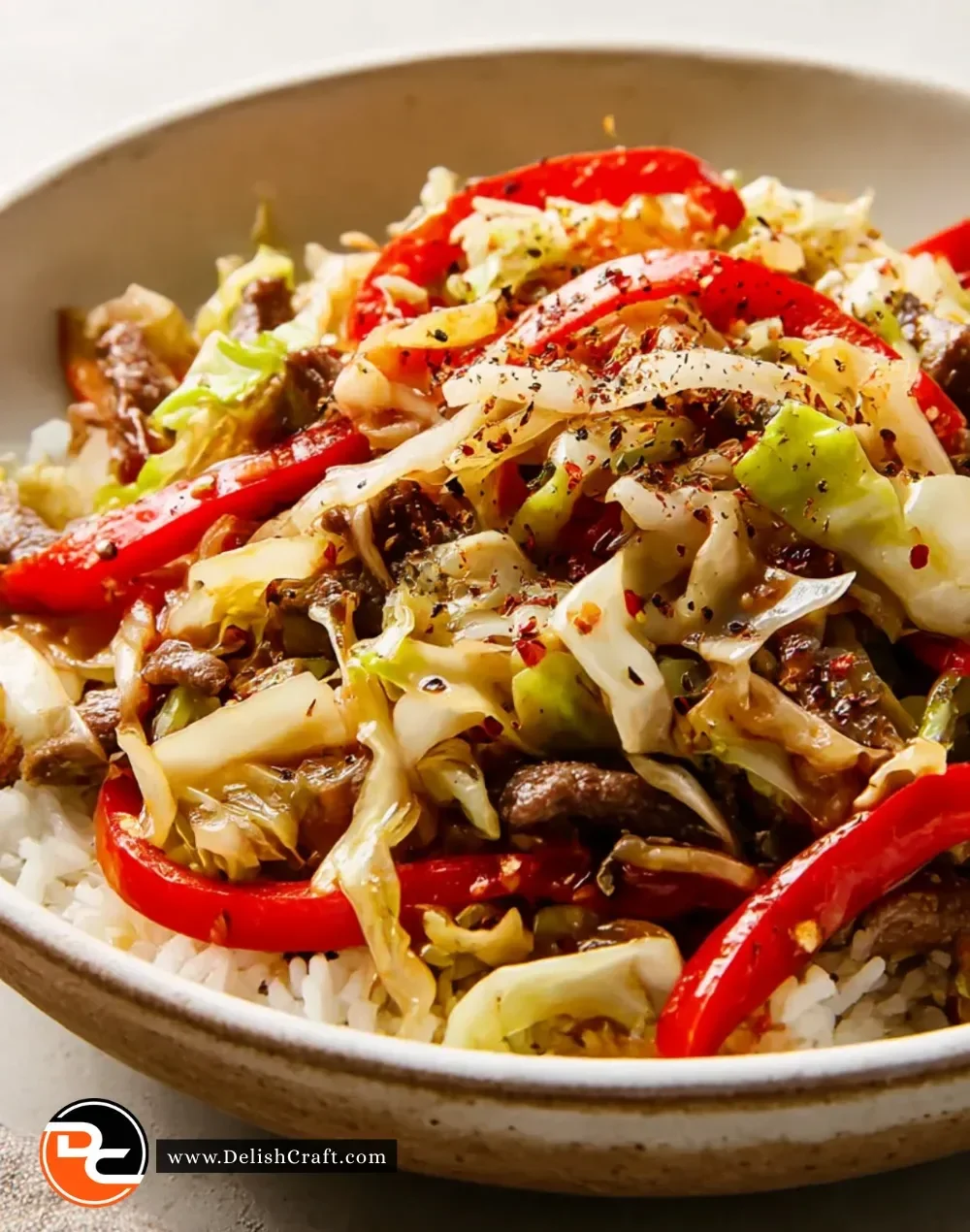 Black Pepper Beef and Cabbage Stir-Fry on a plate, garnished and ready to eat.