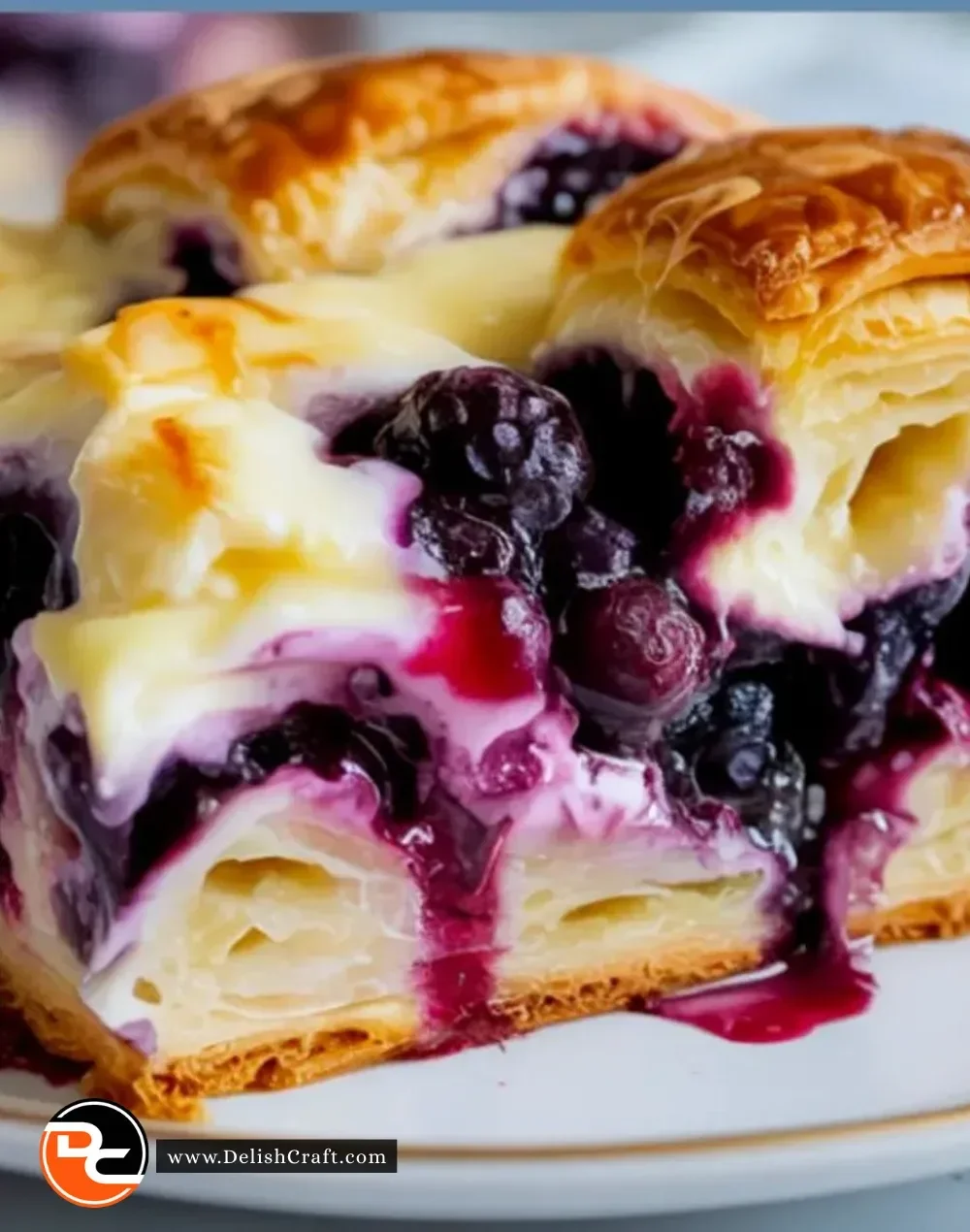 Blueberry cream cheese casserole with croissants and blueberries