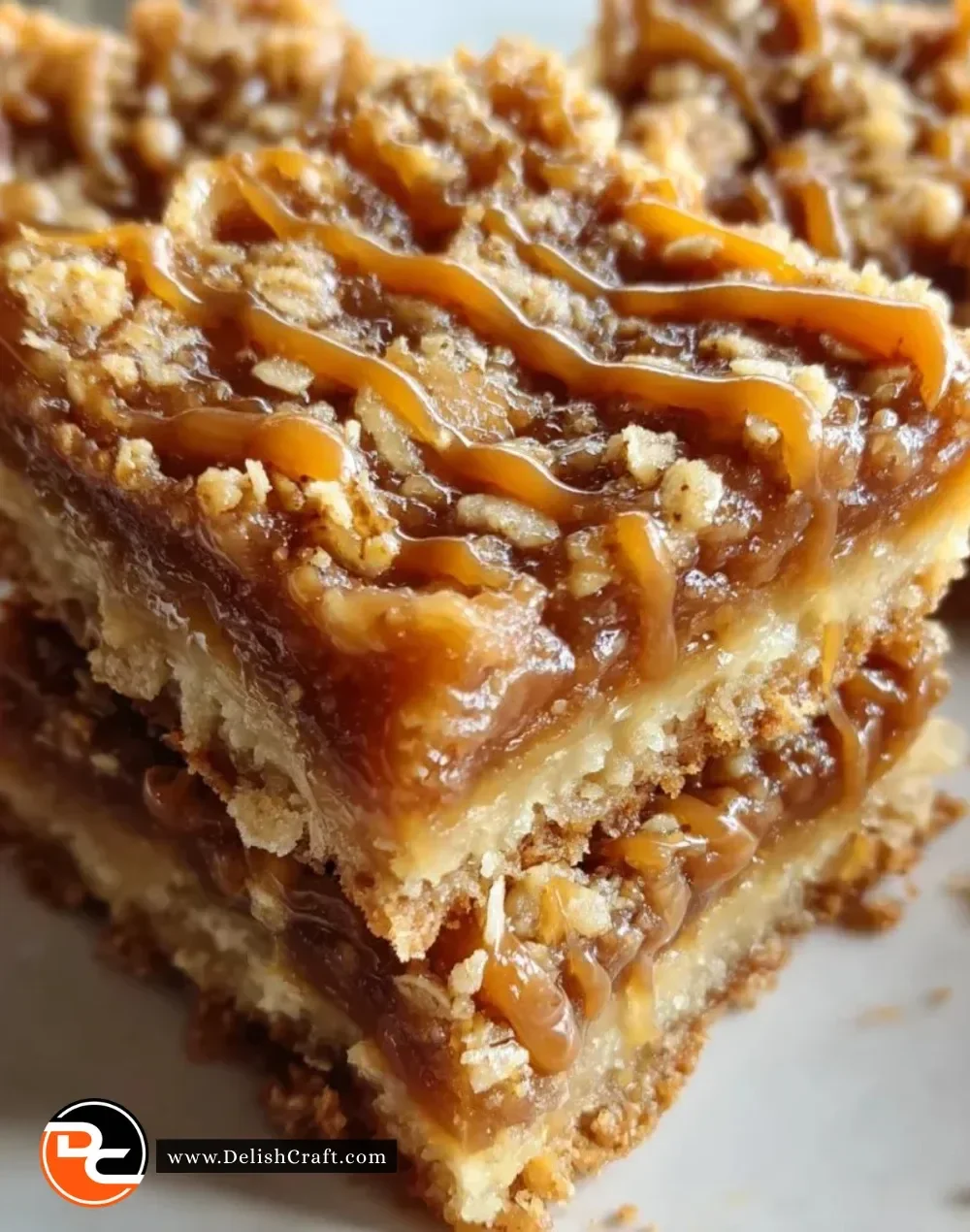 Delicious Caramel Crush Bars dessert topped with rich caramel and served on a plate