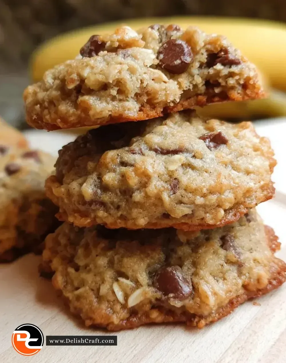Chewy banana oatmeal cookies on a wooden plate with a rustic background.