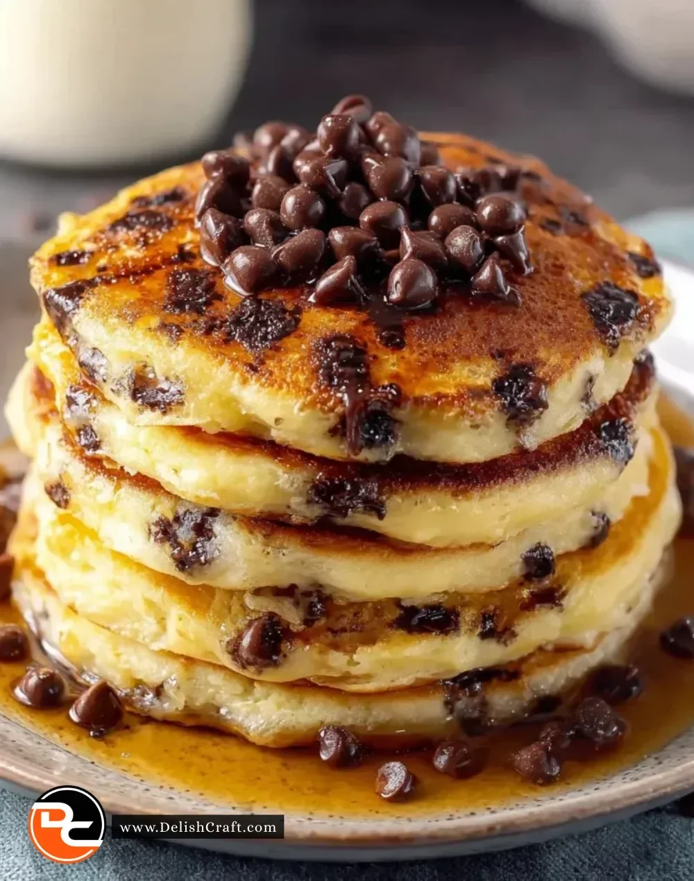 Delicious homemade chocolate chip pancakes stacked on a plate