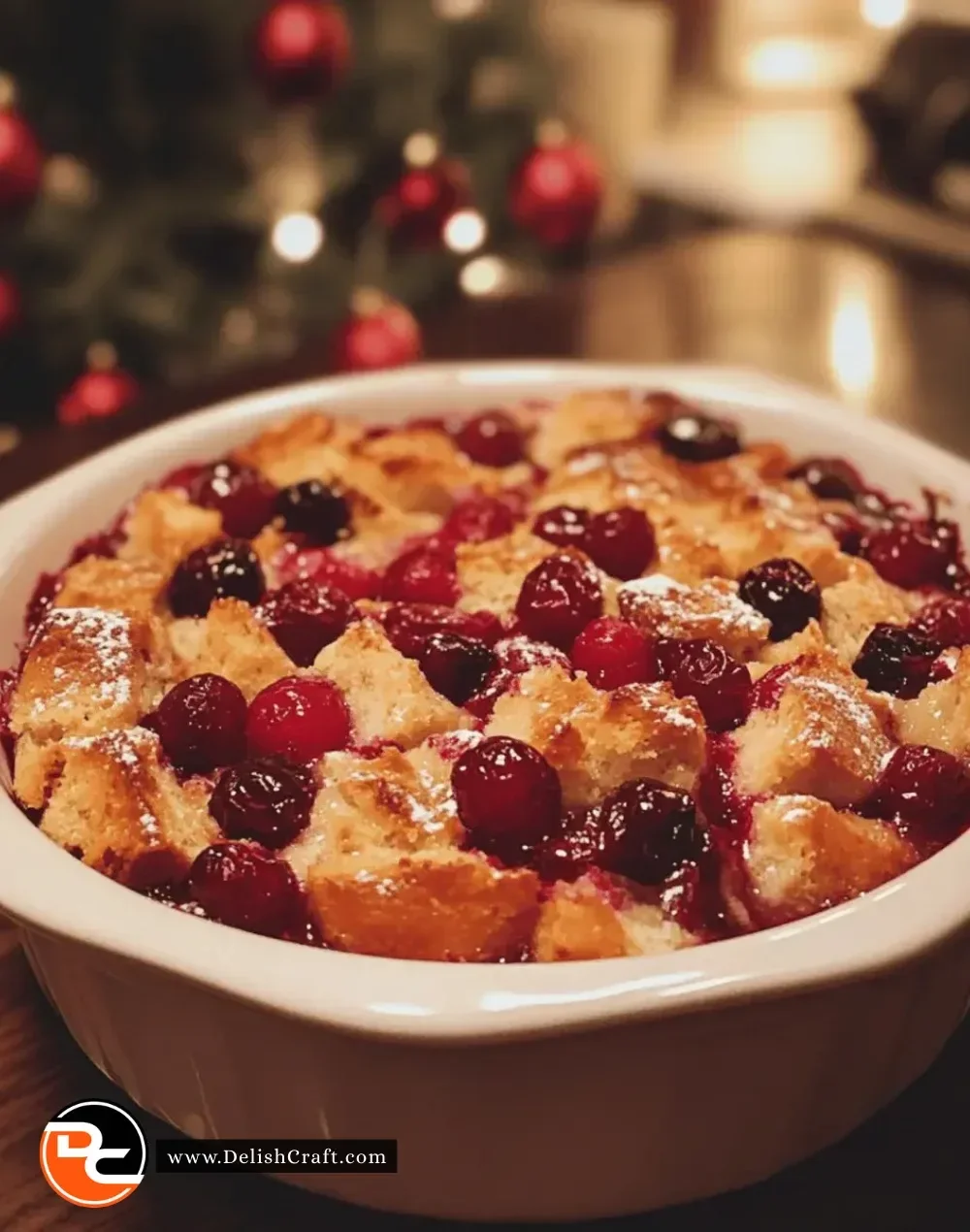 Christmas Cranberry Bread Pudding served with whipped cream on a festive table.