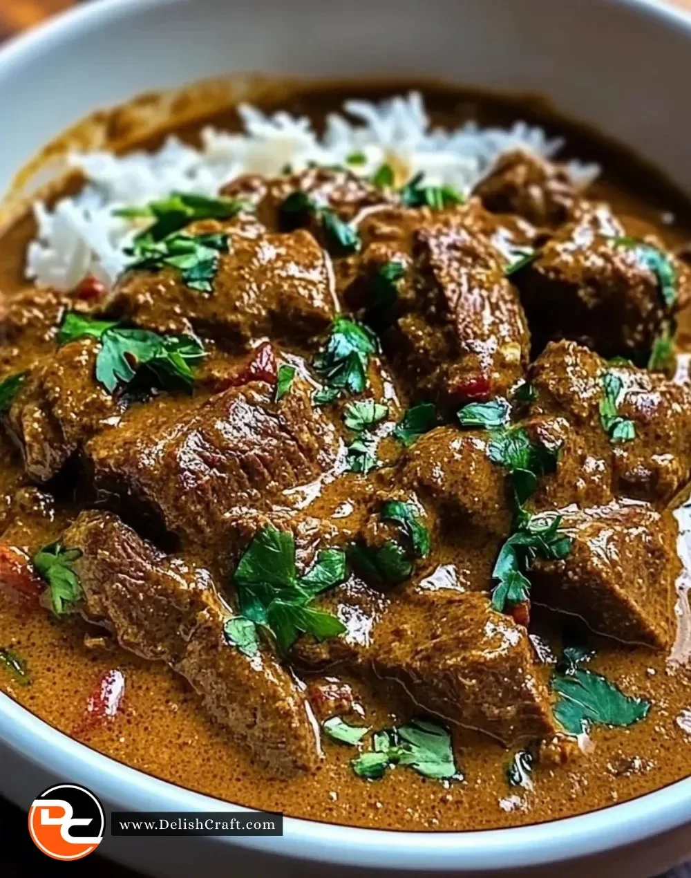 Delicious coconut-infused beef curry served in a bowl with fresh herbs.