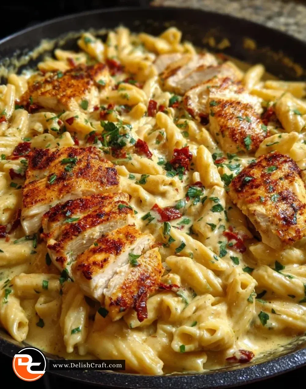 Creamy Marry Me Chicken pasta topped with fresh herbs and cheese