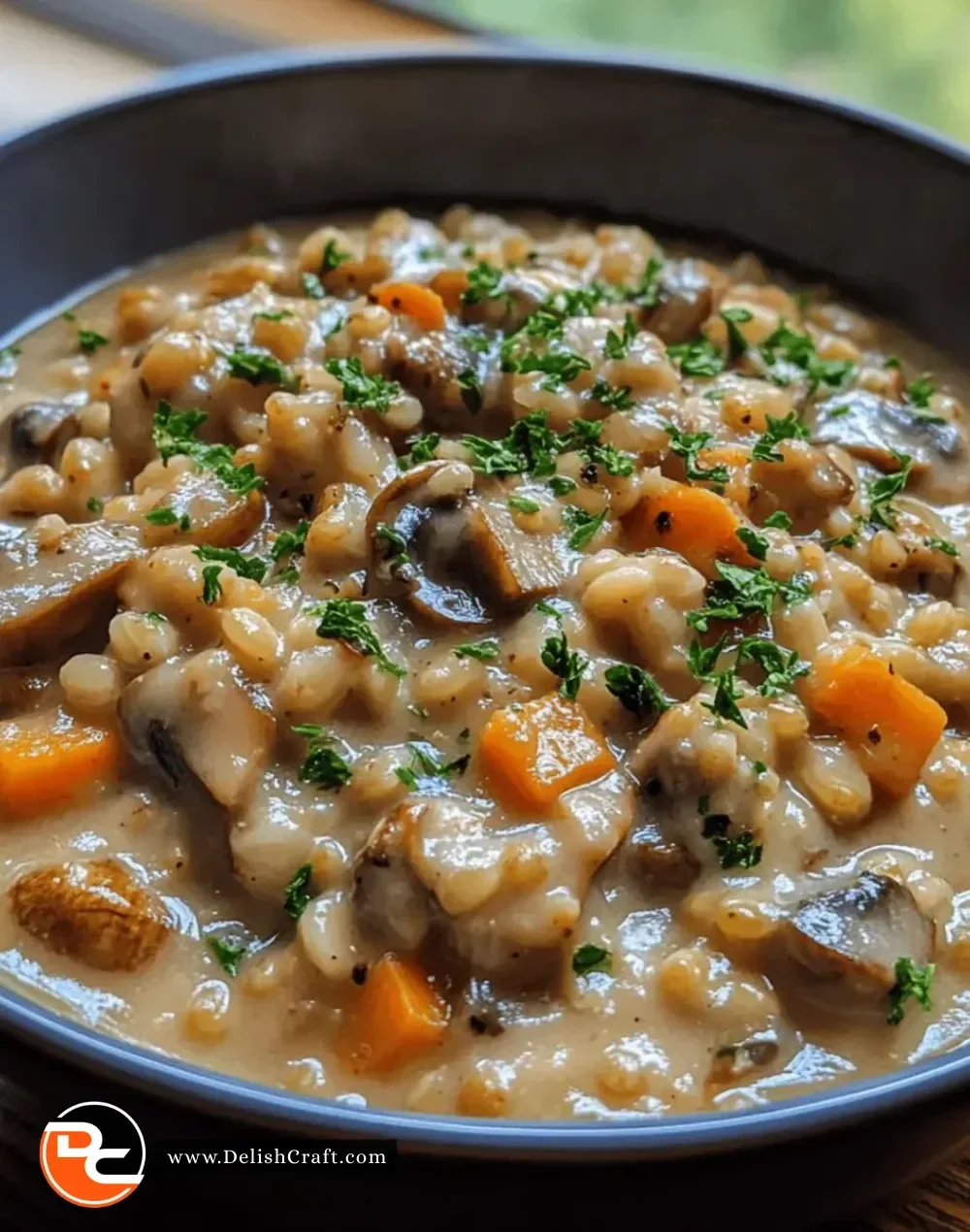 A bowl of creamy mushroom barley stew topped with fresh herbs.