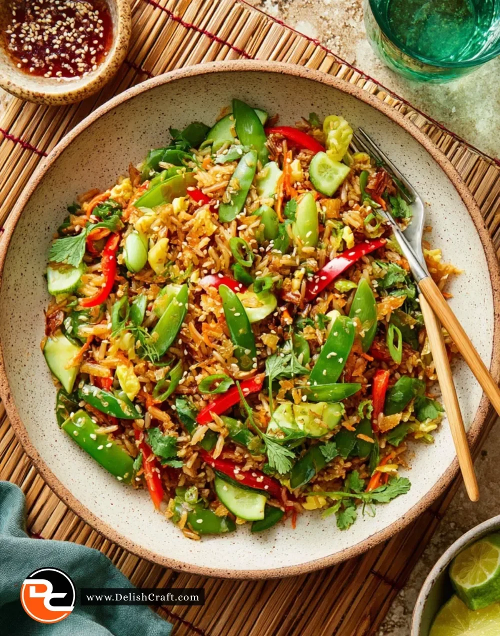 Delicious crispy rice salad with fresh vegetables and vibrant dressing