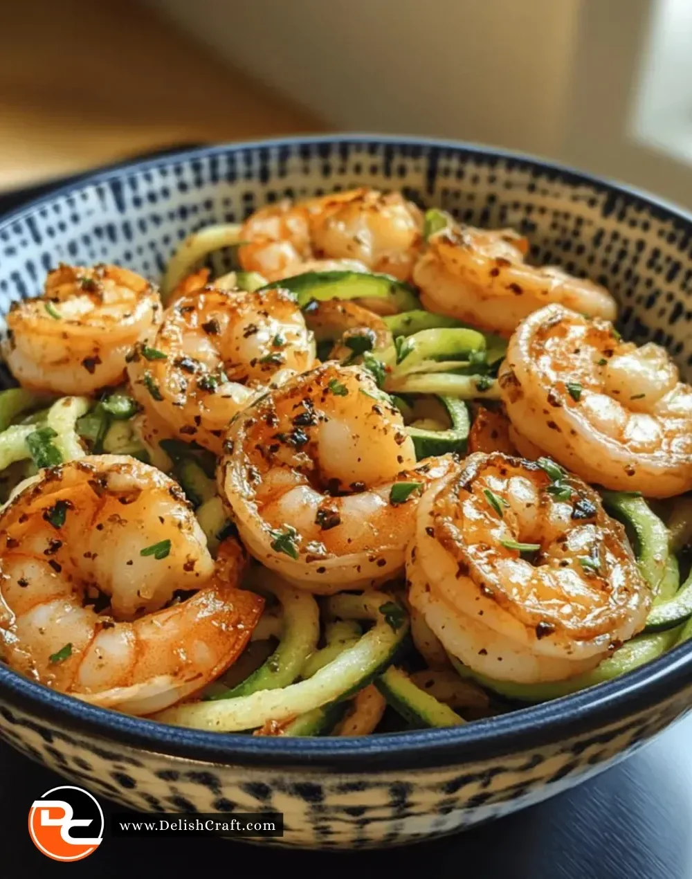 Plate of easy garlic shrimp served with zucchini noodles