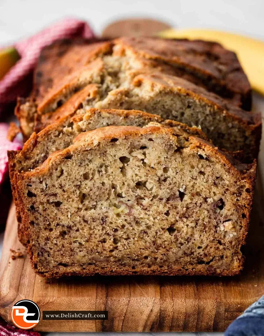 Delicious easy banana bread slice on a wooden table