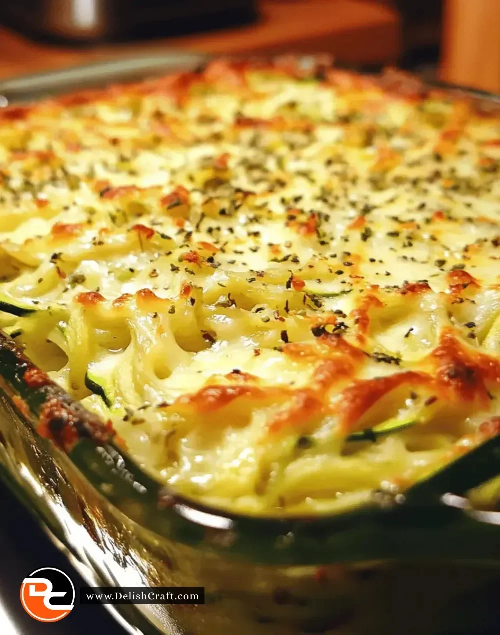 Delicious easy cheesy zucchini noodle bake in a baking dish