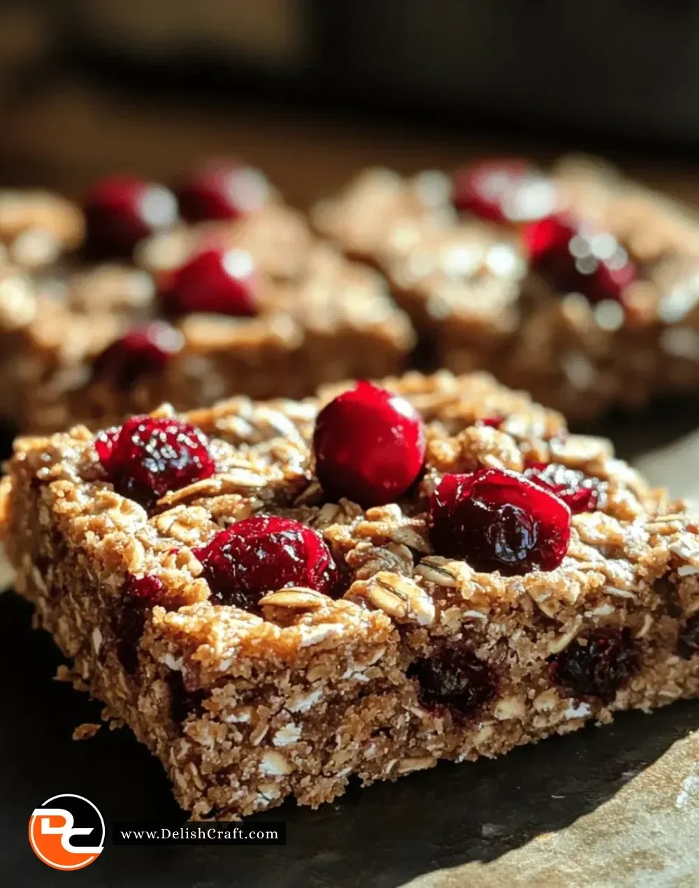 Delicious Easy Christmas Cranberry Oat Bars topped with cranberries and oats