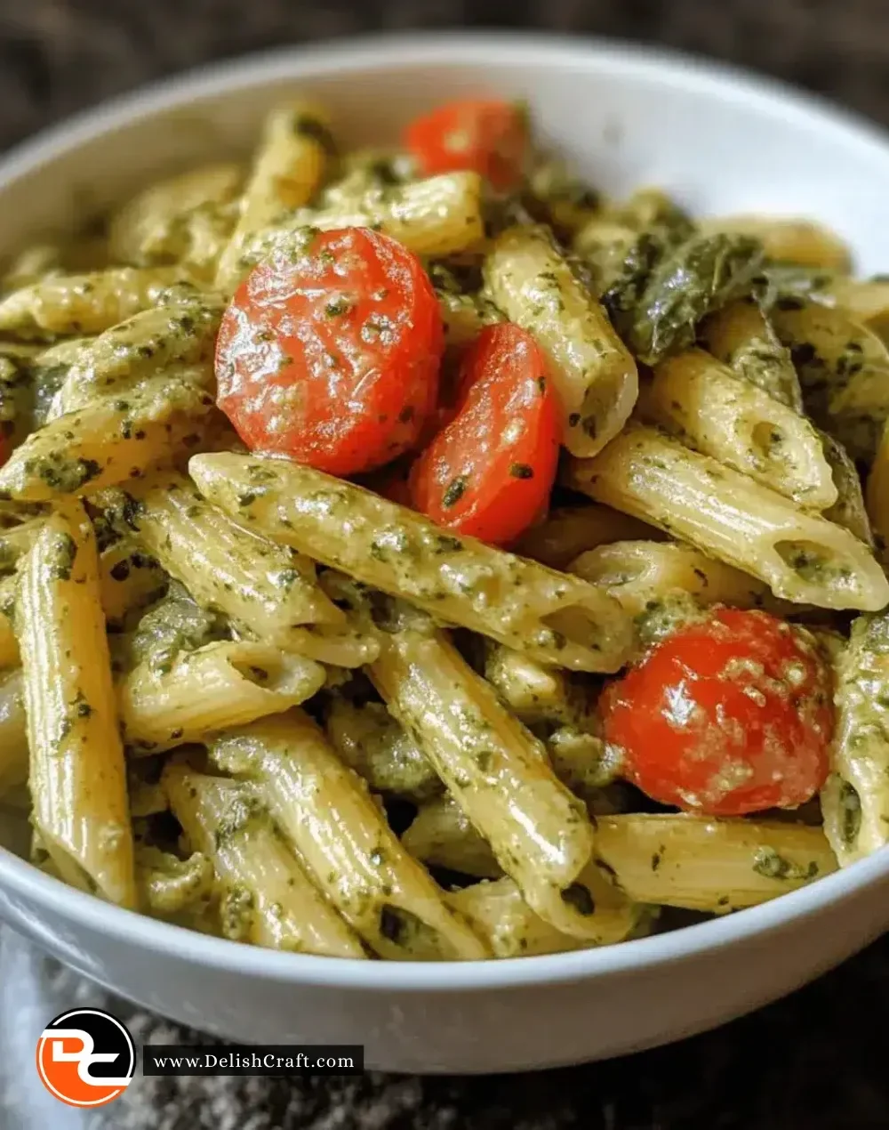 Bowl of easy creamy pesto veggie pasta with fresh ingredients