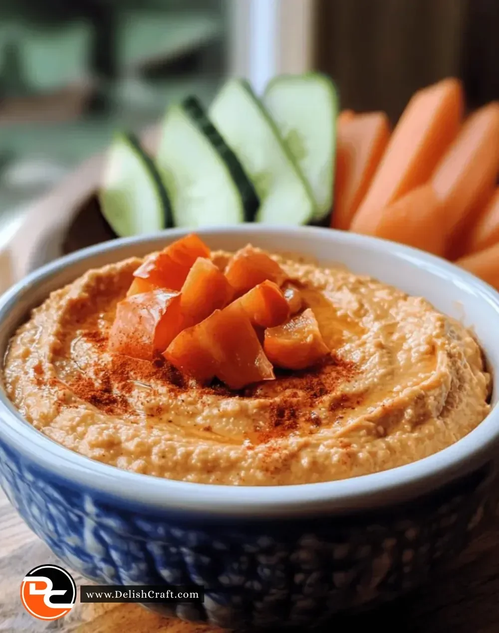 Bowl of creamy roasted red pepper hummus with pita bread and veggies