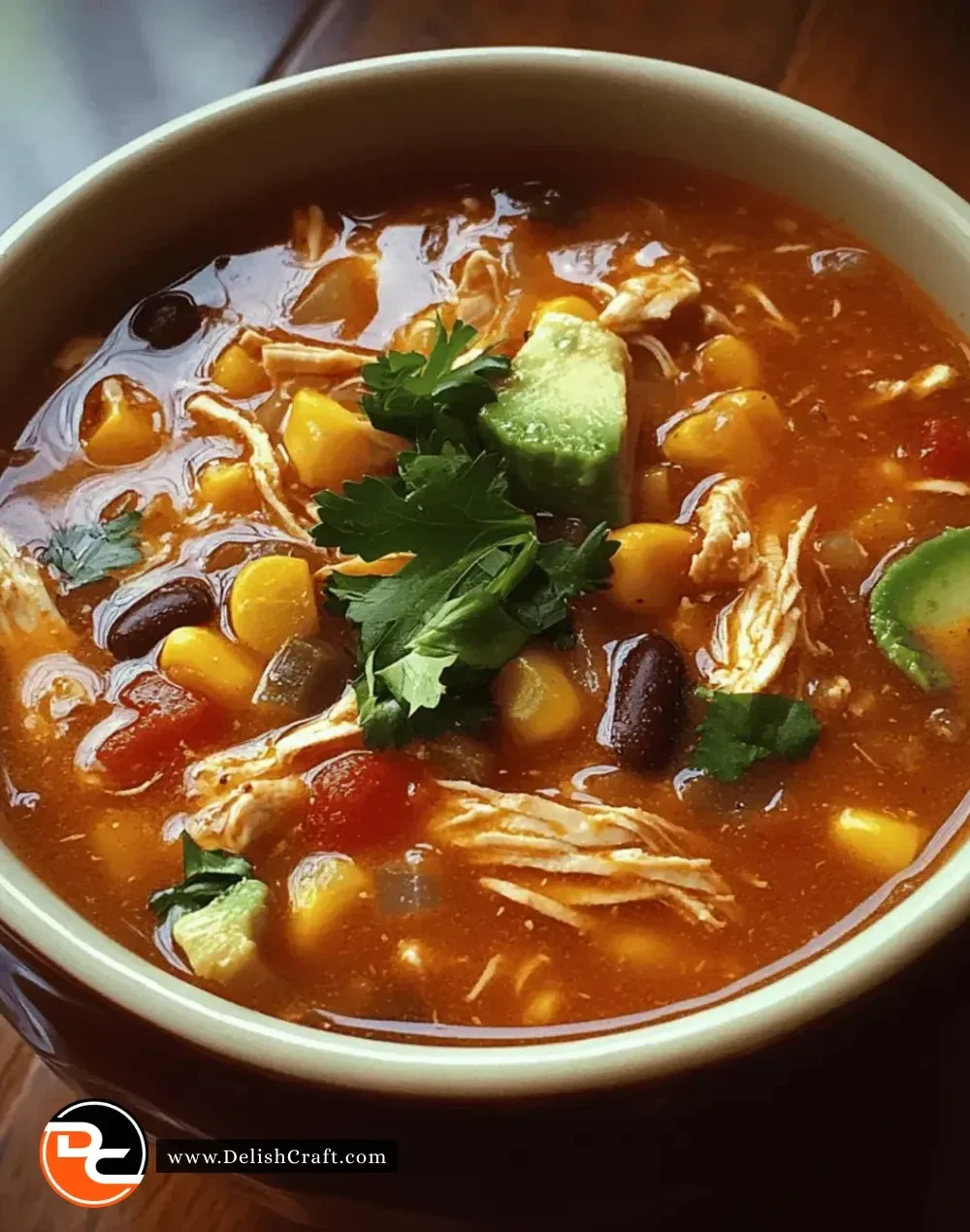 Bowl of Easy Crockpot Chicken Tortilla Soup topped with tortilla strips and cilantro.