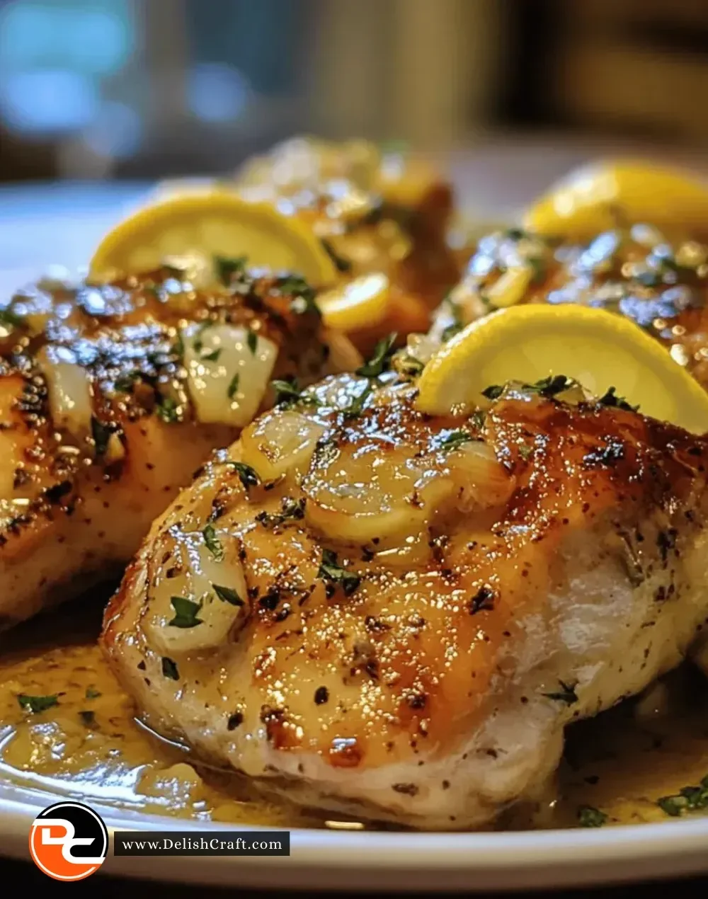 Easy Crockpot Garlic Lemon Chicken in a slow cooker, garnished with herbs.