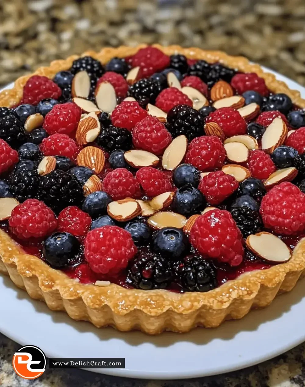 Easy gluten-free almond berry tart topped with fresh berries