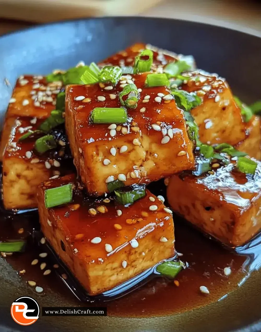 Delicious honey soy glazed tofu served on a plate with garnishes