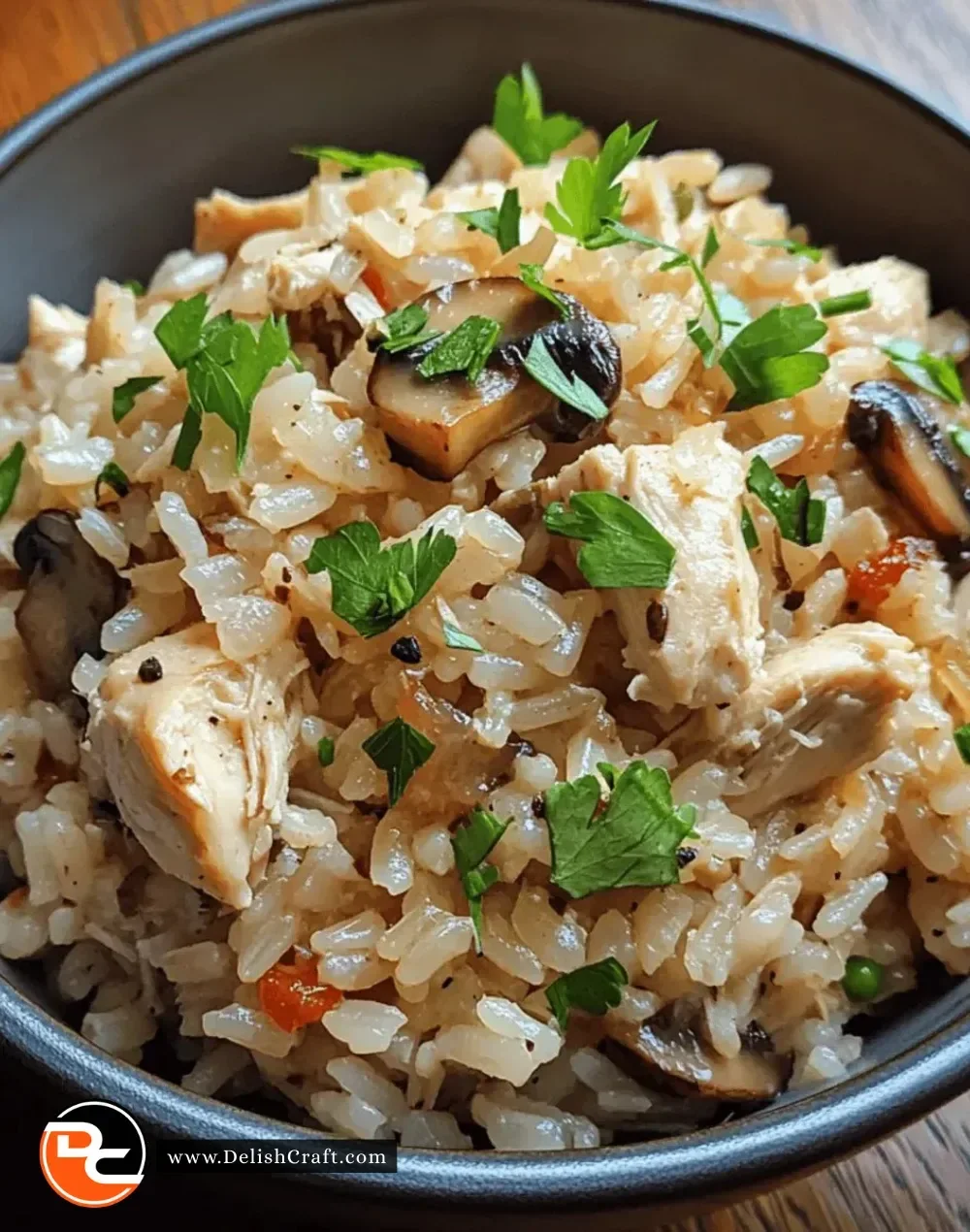 Instant Pot Chicken and Mushroom Rice dish served on a plate.