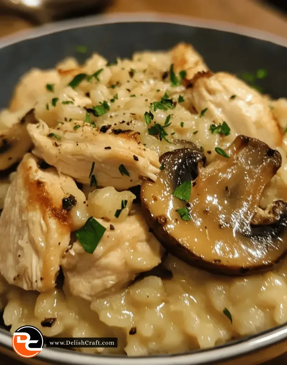 Delicious Instant Pot chicken and mushroom risotto served in a bowl
