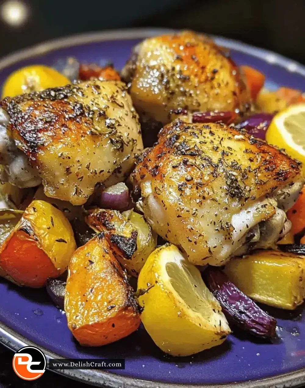 Juicy lemon-garlic chicken thighs served with fresh herbs.