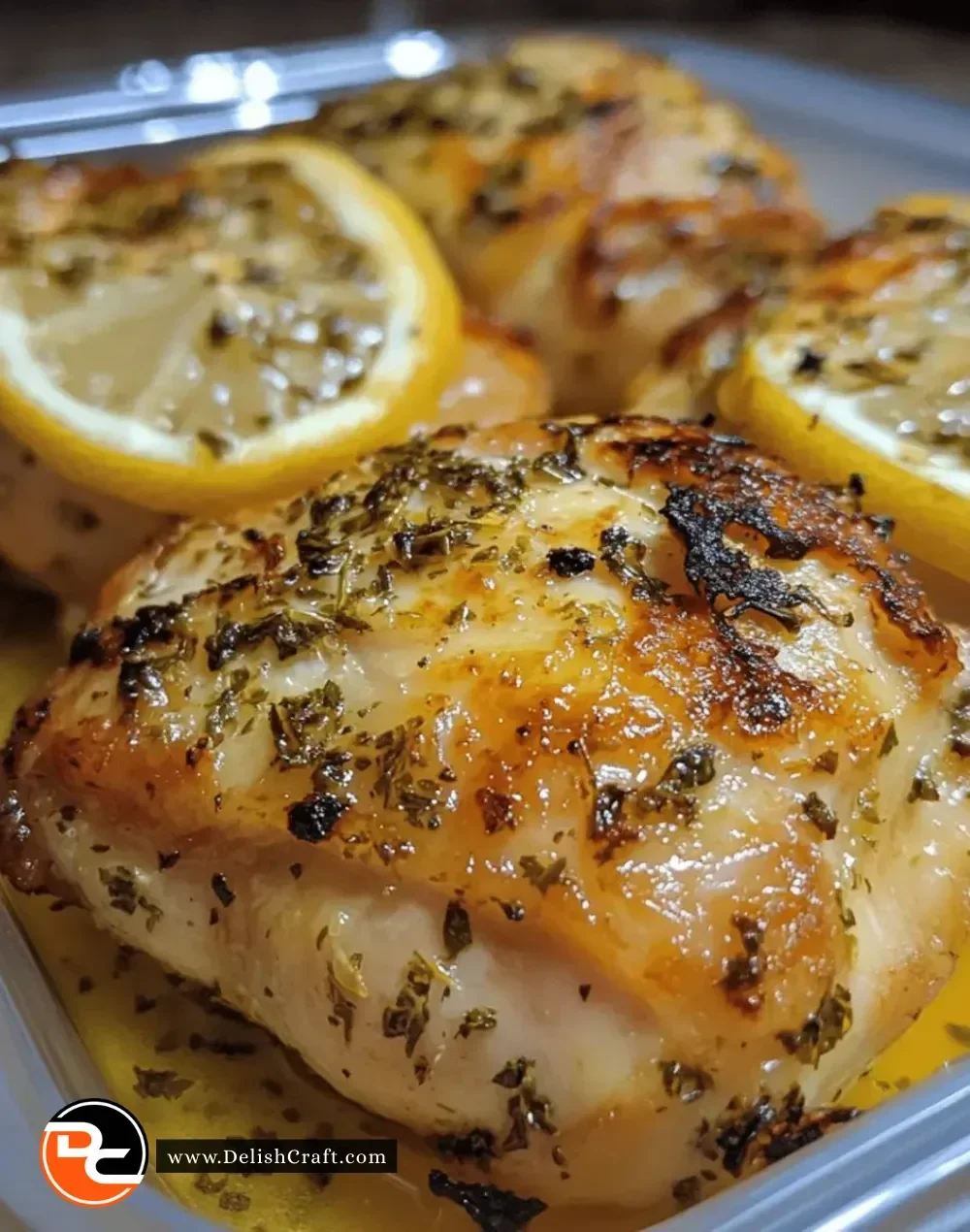 Juicy lemon herb chicken thighs garnished with fresh herbs