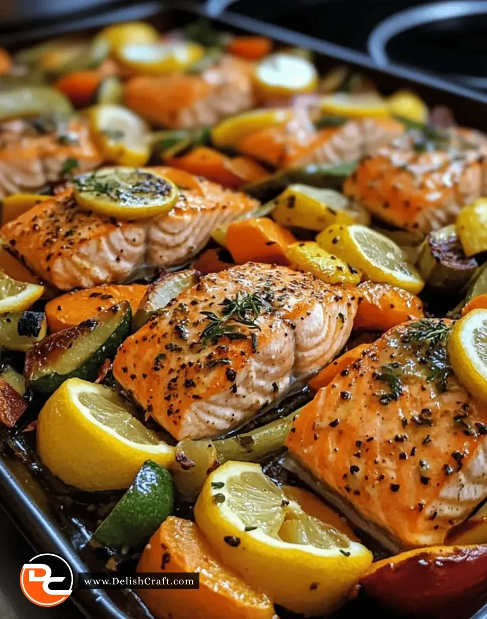 Easy lemon-herb sheet-pan salmon with vegetables on a baking tray