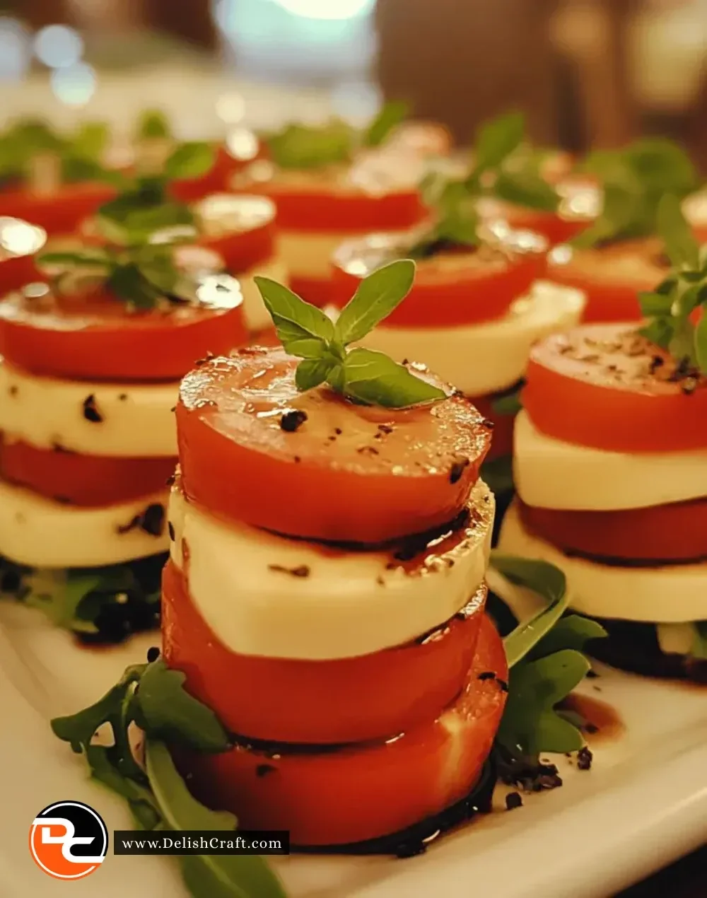 Mini Caprese salad stacks made with fresh mozzarella, tomatoes, and basil