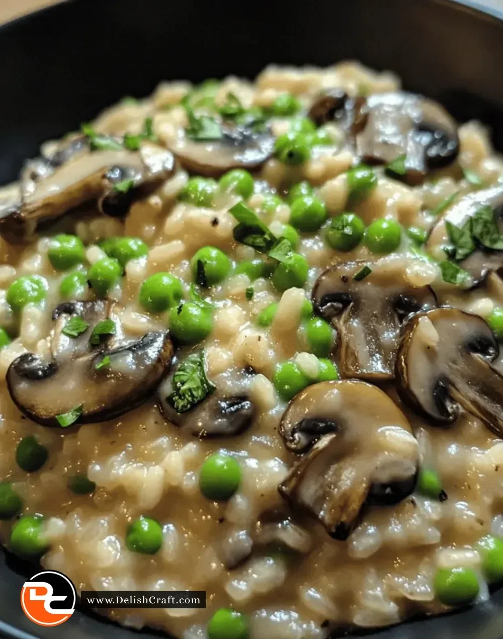 One-pot mushroom and pea risotto garnished with parsley