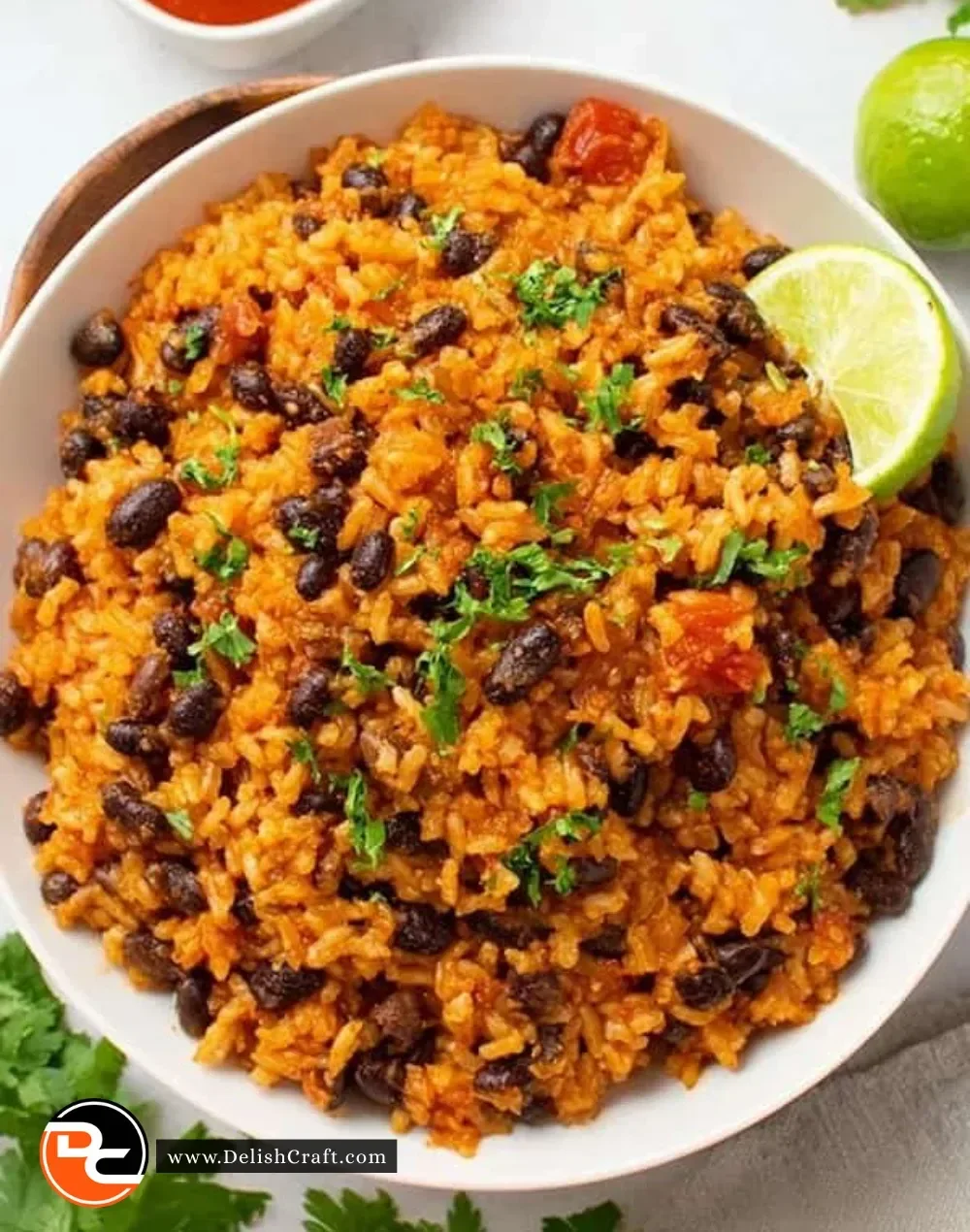 Delicious bowl of easy rice and beans ready to serve for a healthy meal.
