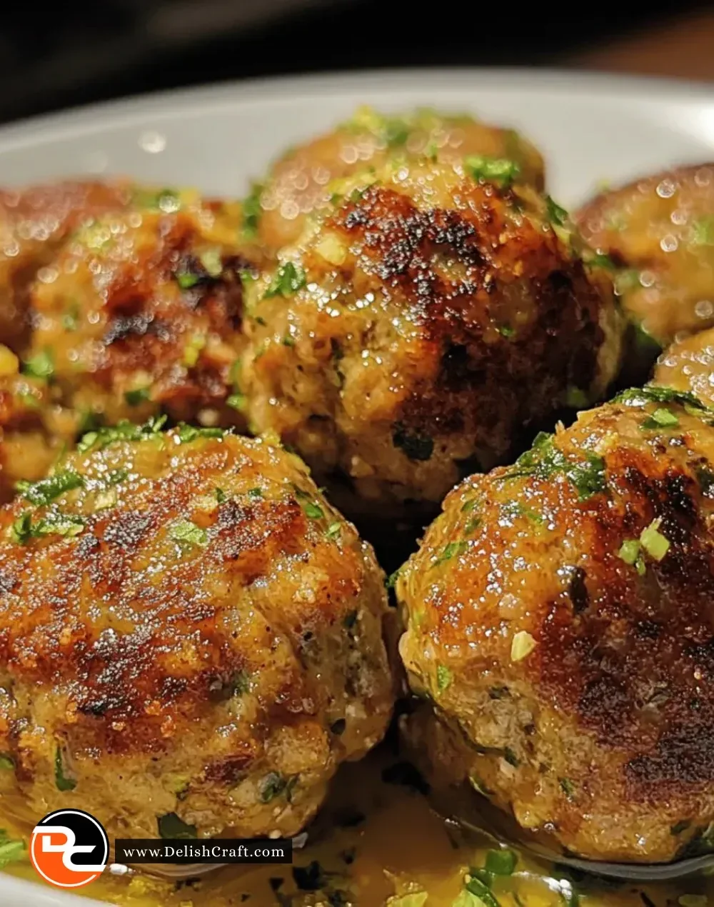 Delicious easy savory roasted turkey meatballs served with herbs and sauce.