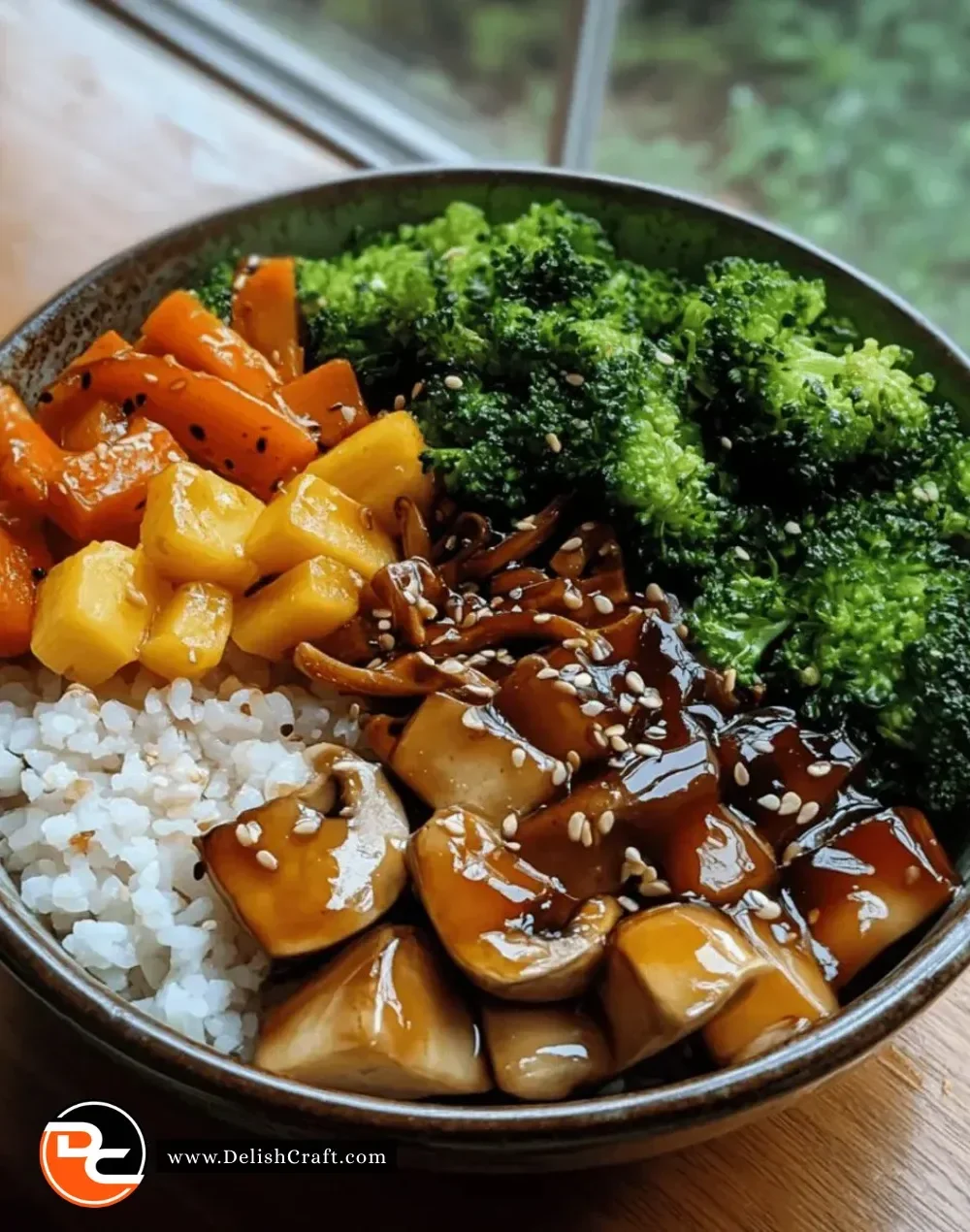 Delicious teriyaki veggie bowl filled with colorful vegetables and savory sauce