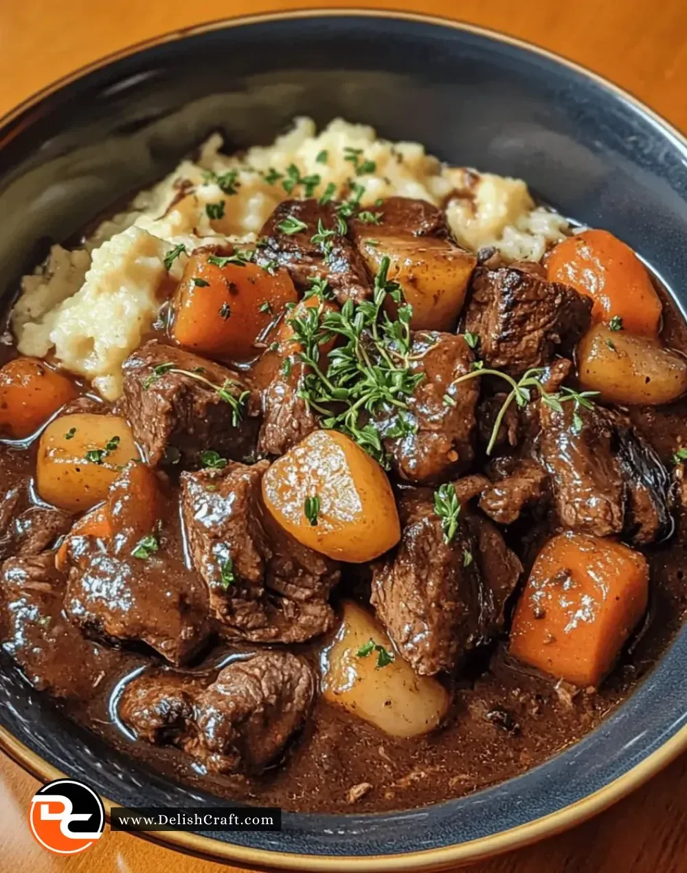 Delicious slow-cooker beef bourguignon served in a bowl with fresh herbs