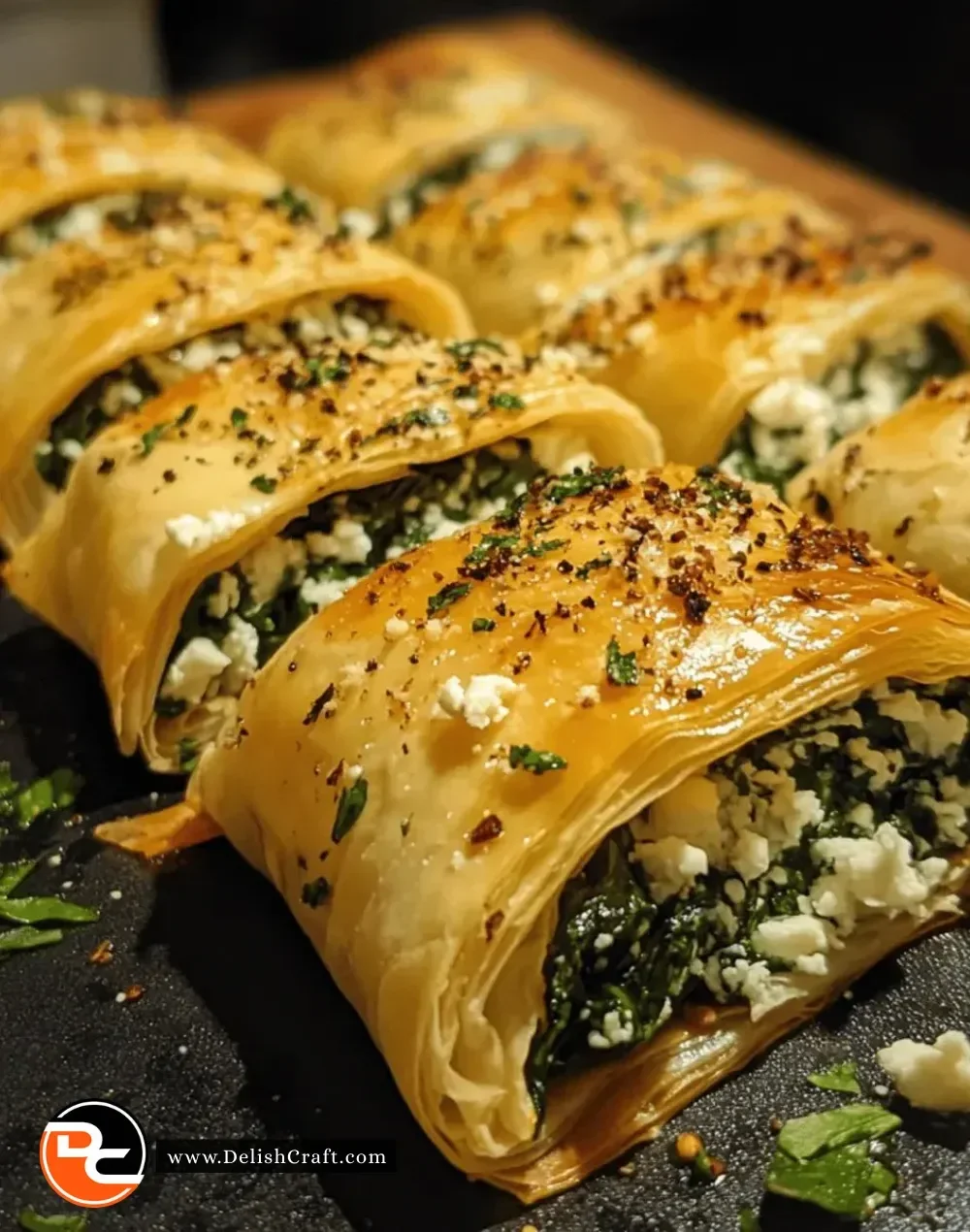 Delicious easy spinach and feta phyllo rolls on a plate.