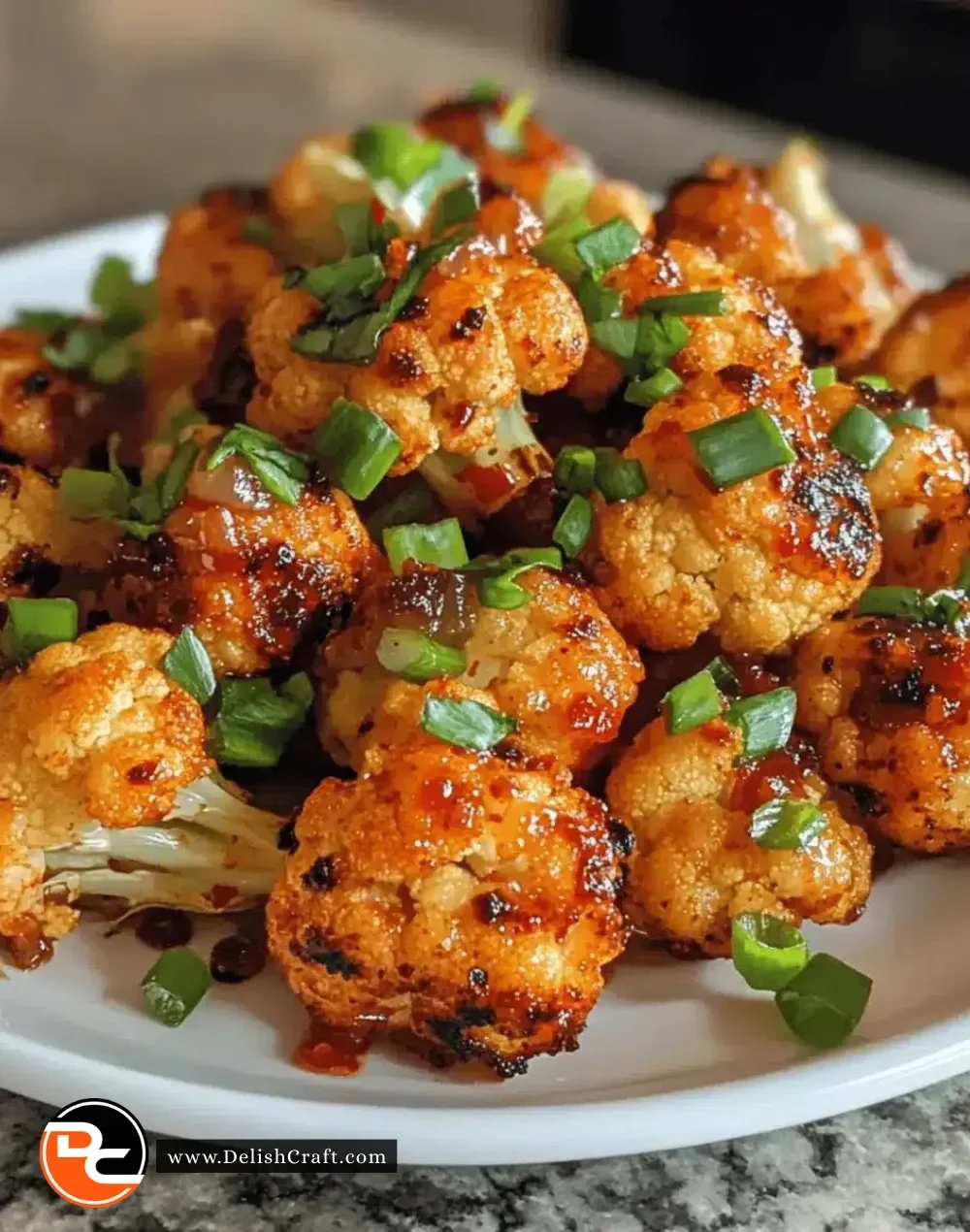 Plate of easy sweet chili cauliflower poppers ready to be served.