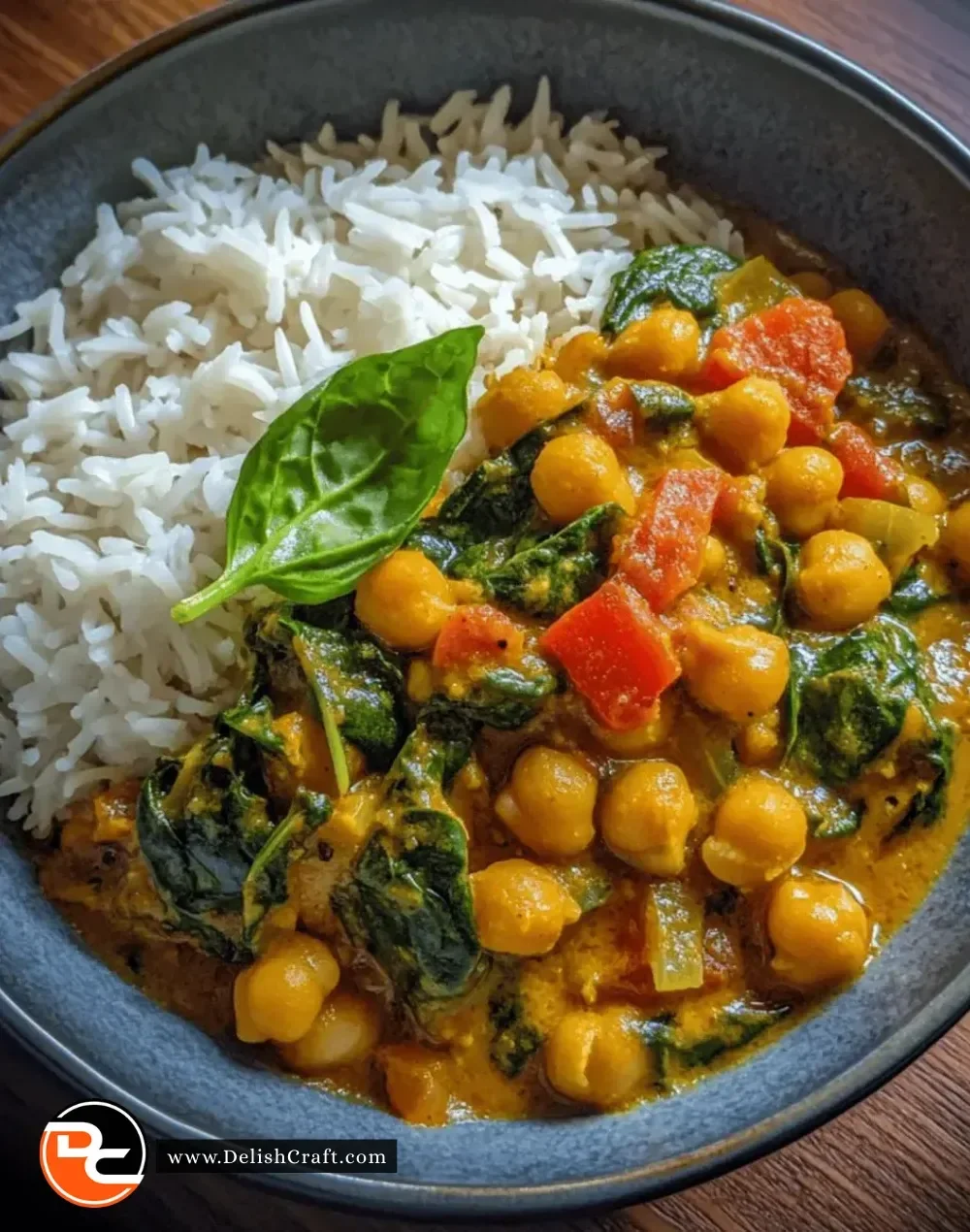 Bowl of easy vegetarian chickpea and spinach curry on a wooden table