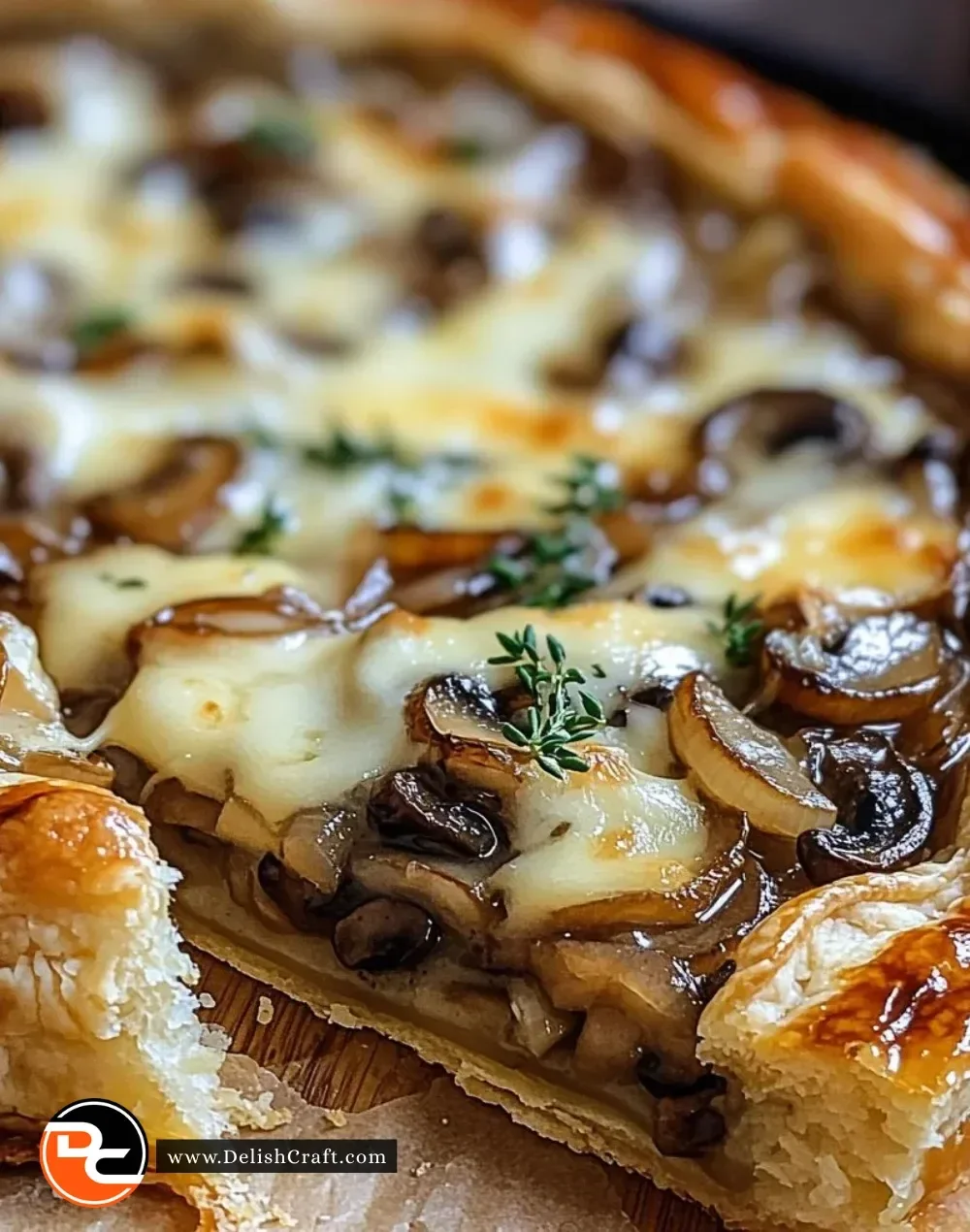 Delicious French onion mushroom tart served on a wooden platter