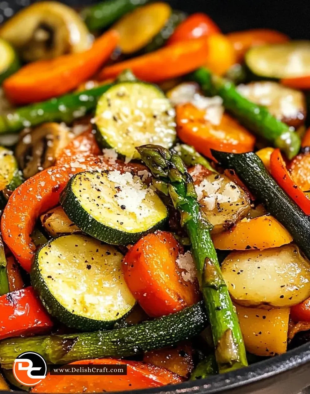 A colorful plate of healthy sauteed vegetables featuring bell peppers, carrots, and zucchini.