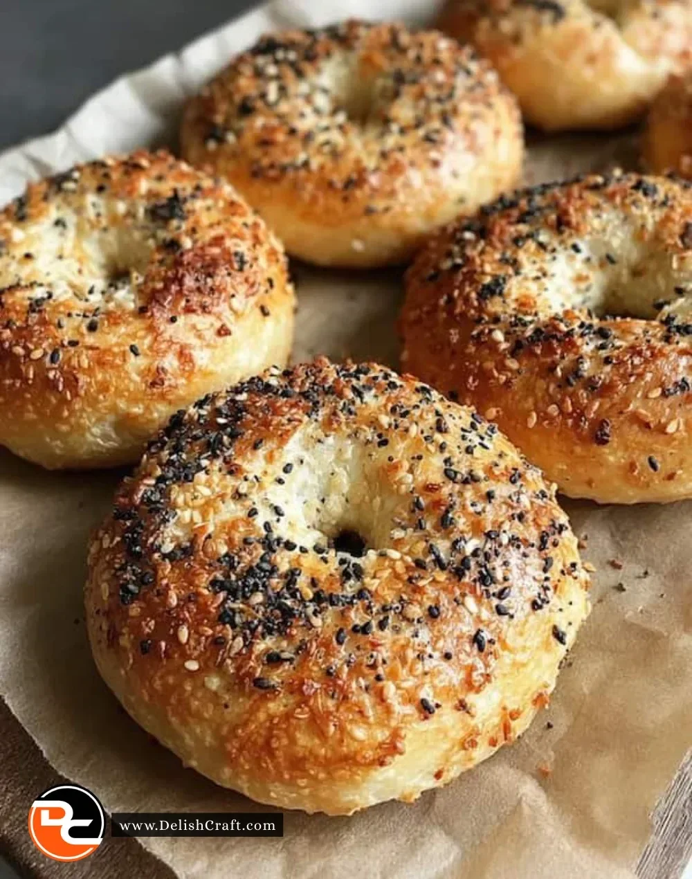 Homemade New York bagels with sea salt and sesame seeds on a wooden board