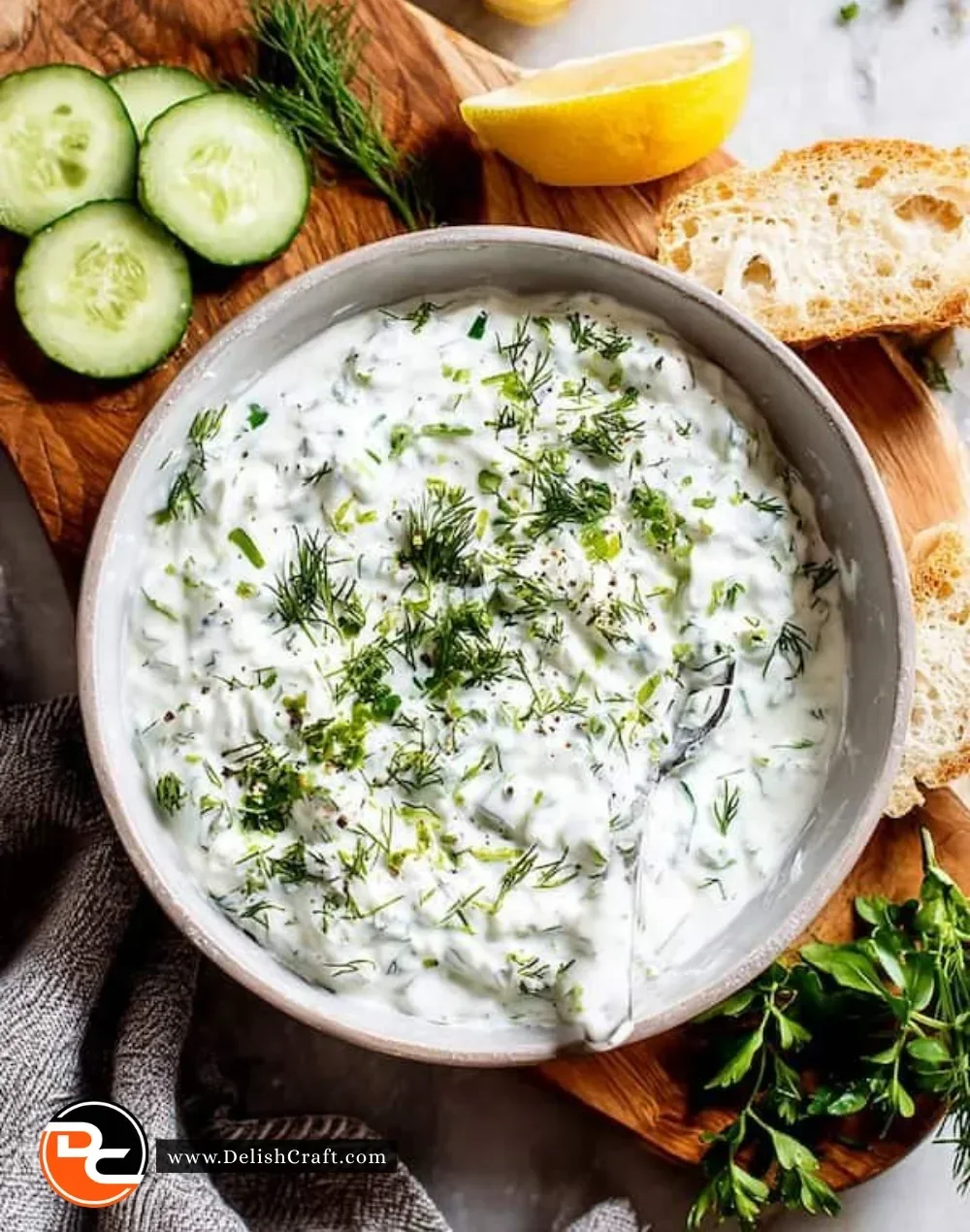 Bowl of homemade tzatziki sauce made with yogurt and cucumbers