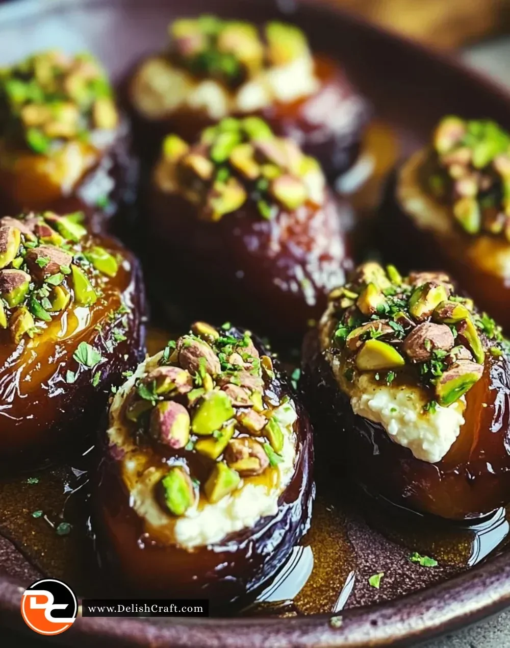 Honey pistachio ricotta stuffed dates on a platter.