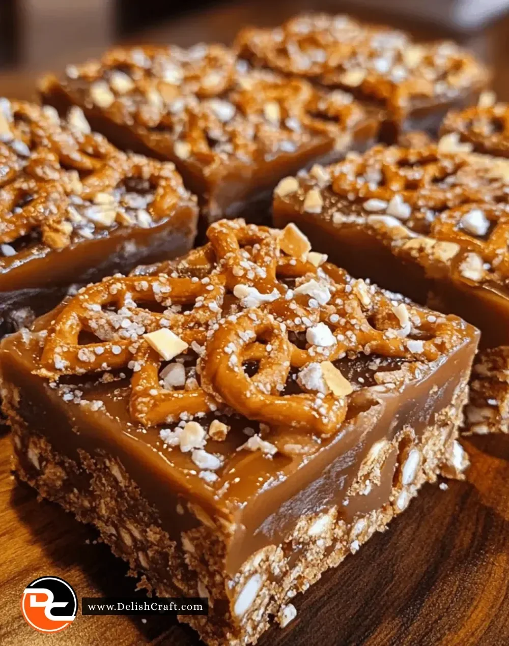 Delicious salted caramel pretzel bars topped with caramel and sea salt
