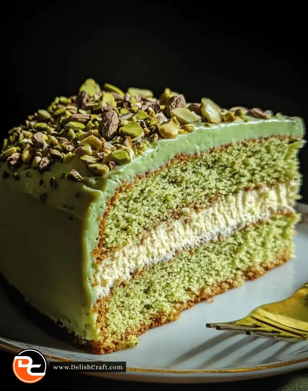Deliciously baked cardamom pistachio cake topped with crushed pistachios