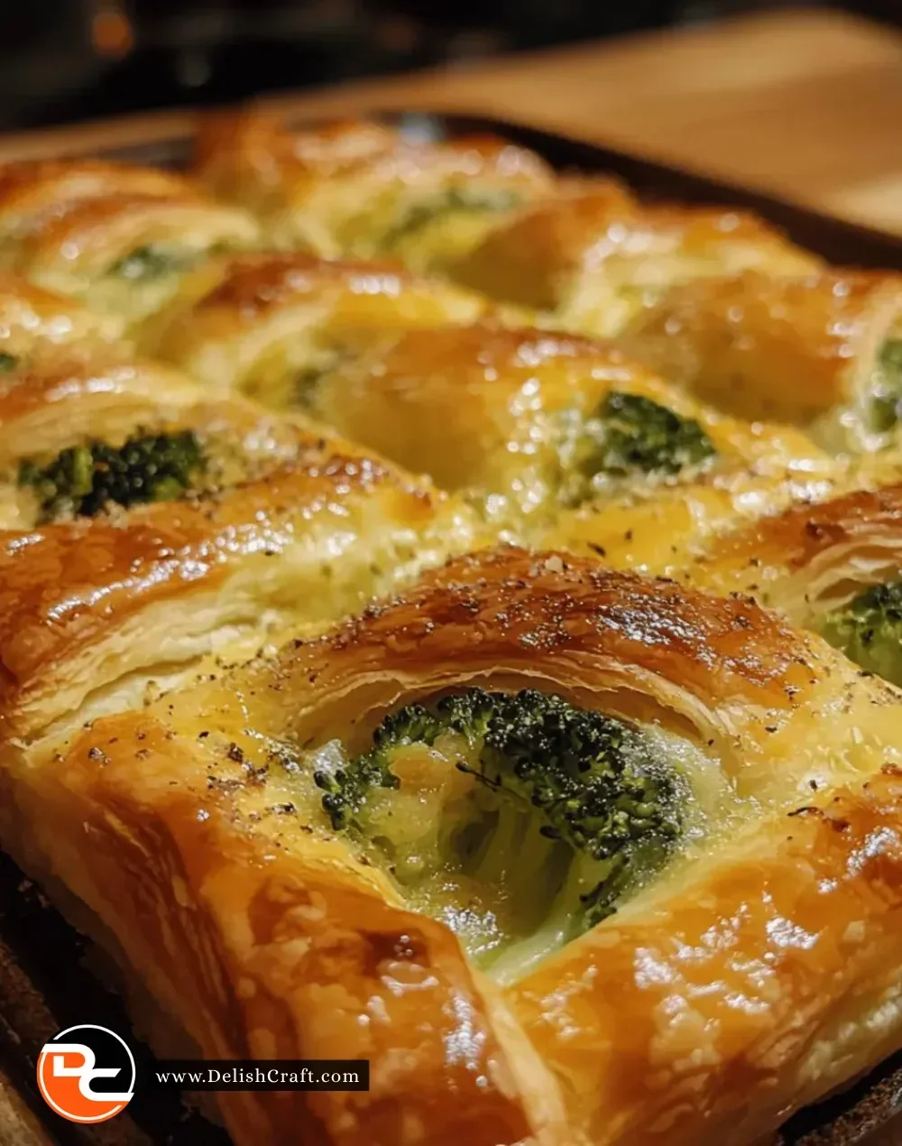 Golden cheesy broccoli puff pastry on a plate, ready to serve.