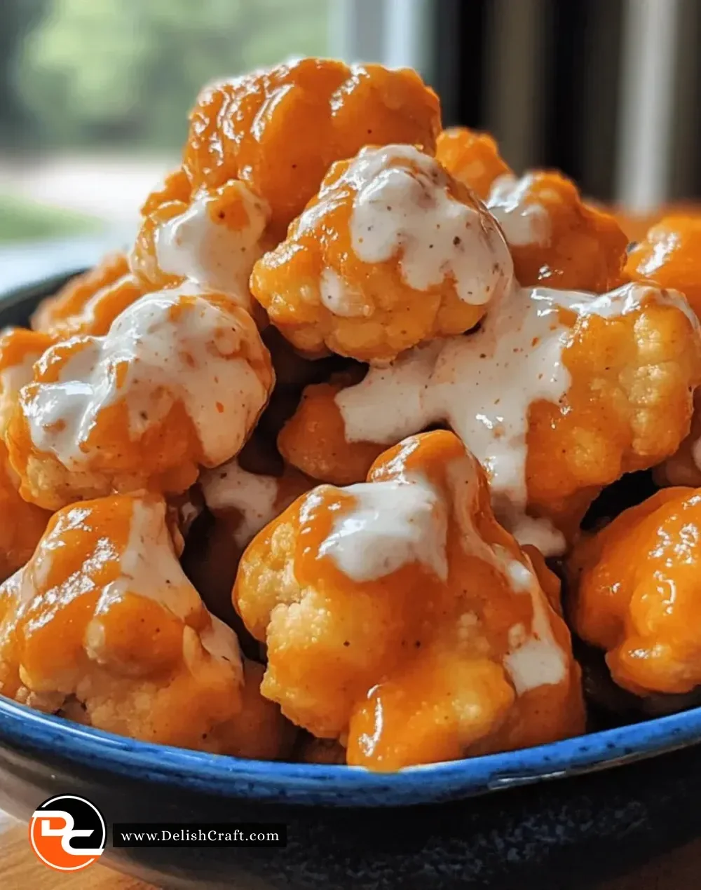 Creamy buffalo cauliflower bites served in a bowl with dipping sauce