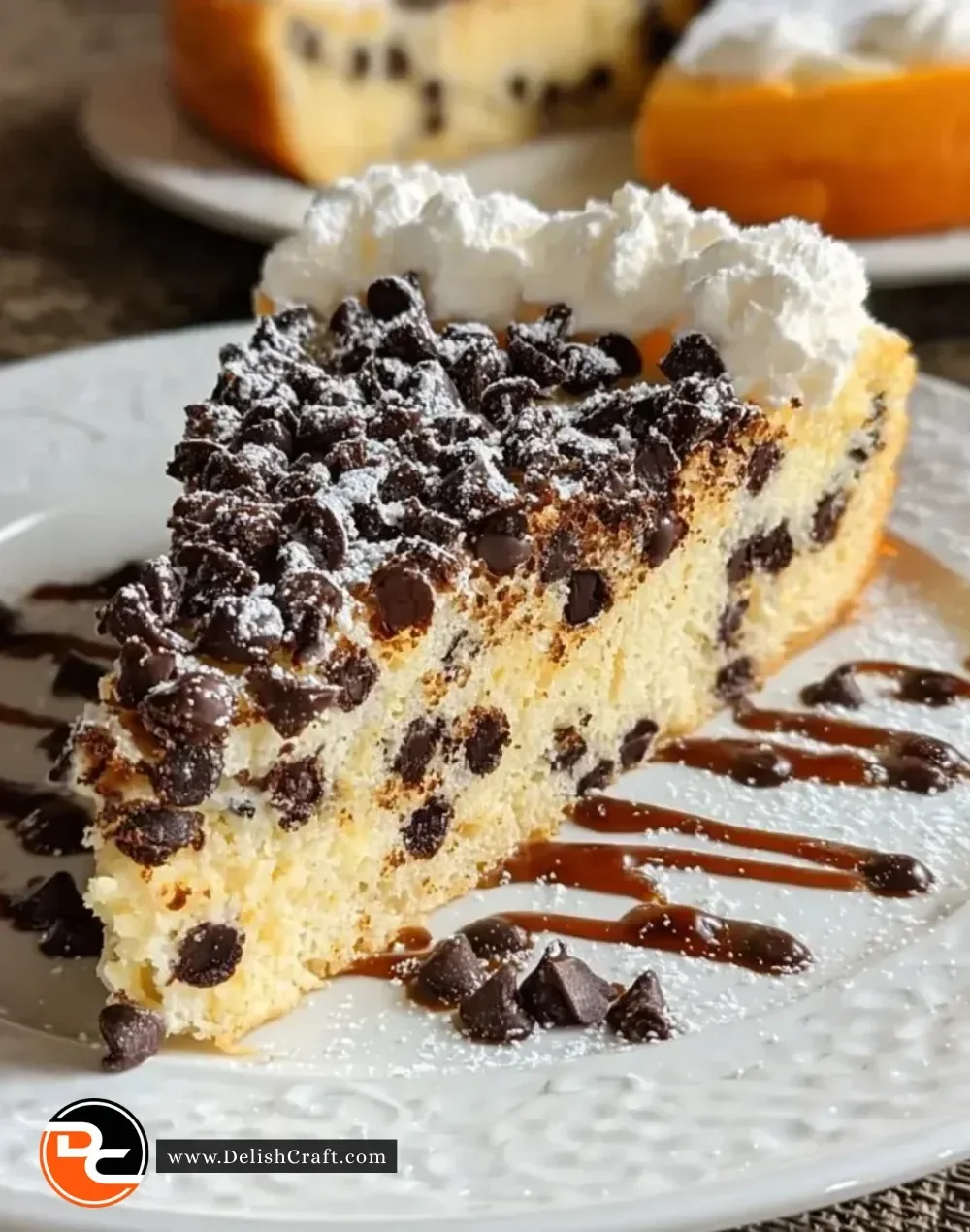 Slice of Italian chocolate chip ricotta cake on a decorative plate
