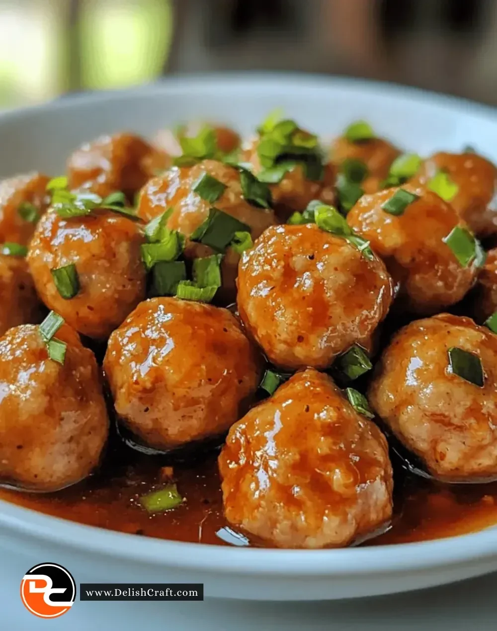 Plate of juicy sweet chili chicken meatballs garnished with scallions